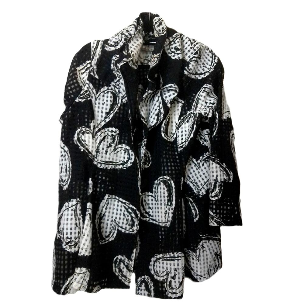 Vtg Damee Inc Heart Print Art to Wear Jacket Black White Wired Collar Sheer XL
